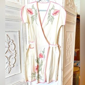 30s 40s Housedress Dress Knee Length Embroidered Cream Pink Wrap Apron M/L